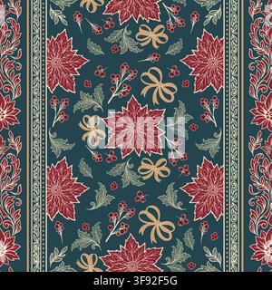 Vintage Poinsettia Christmas Seamless Pattern Ribbon Stripe Crimson and Gold Bows Winter Floral Botanical Carpet Wallpaper with Holiday Border Festive Stock Vector