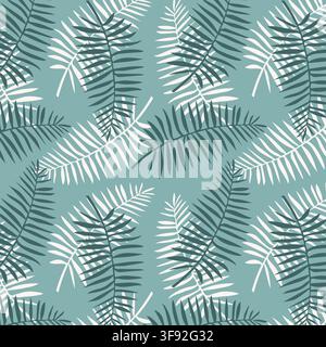 Seamless tropical pattern with turquoise dark green and white silhouettes of palm leaves vector illustration for summer fashion apparel beachwear text Stock Vector