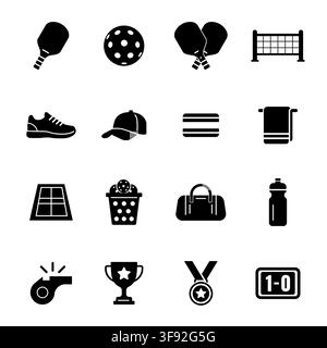 Pickleball Glyph Icon Set Collection with Paddle Ball Court Net Shoe Trophy on White Background, silhouette icon set Stock Vector