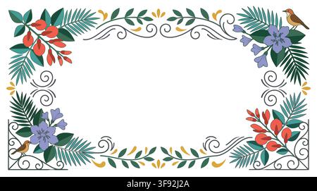 Elegant floral border frame vector illustration with botanical ornaments and birds. Vintage wrought iron scrollwork vector template. Stock Vector