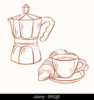 Moka pot with coffee cup and croissant in simple line art style. Kitchen appliance and breakfast food concept. Monochrome sketch. Vector illustration Stock Vector