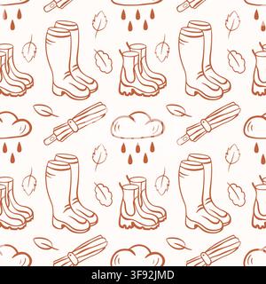 Seamless autumn pattern with rain cloud, umbrella, and rubber boot in line art style. Seasonal weather background with falling leaf. illustration for Stock Vector