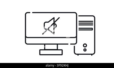 Desktop computer tower and monitor with mute sound symbol on screen vector icon. Black line art style on white background. Stock Vector