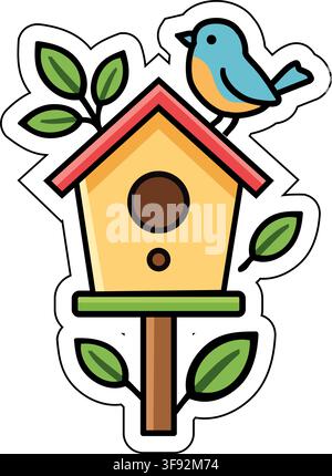 Charming vector sticker of a blue bird perched on a cozy yellow birdhouse with a red roof, surrounded by green leaves, symbolizing home, security Stock Vector