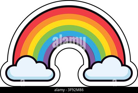 Vibrant vector sticker of a colorful rainbow arching between two fluffy clouds. A symbol of hope, optimism, diversity, and dreams Stock Vector