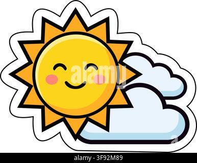 Vector sticker of a cute smiling sun emerging from fluffy clouds. A cheerful symbol of hope, optimism, and bright days ahead, representing positivity Stock Vector