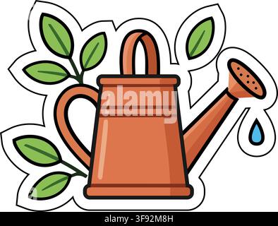 Nurturing growth through care and water: A vector sticker illustration of a copper-colored watering can surrounded by green leaves and a single water Stock Vector