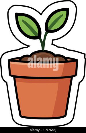 Potted Seedling Growing in Terracotta Pot, a Vector Sticker Symbolizing New Beginnings, Potential, Growth, Development, Nature, and Hope. Stock Vector