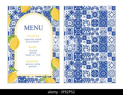 Mediterranean cards template design with tiles and lemons. Set ceramic patterns banners. Vector set for invintation, menu, wedding, party. Stock Vector