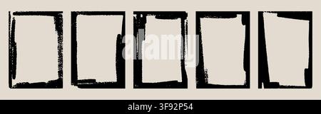Hand drawn collection brush vector frames. Outline photo grunge ink borders. Set vintage edge splash rectangle isolated on black background.  Stock Vector