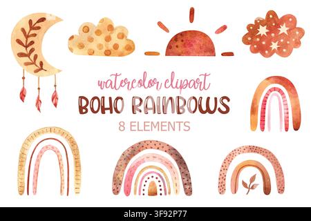 Watercolor boho set with rainbows, moon, sun, and cloud. Trendy vector illustration of abstract celestial elements in soft pastel tones for cards, posters, branding, and digital design projects Stock Vector