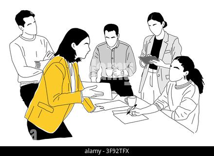 Team collaborates around table with focused energy Stock Vector