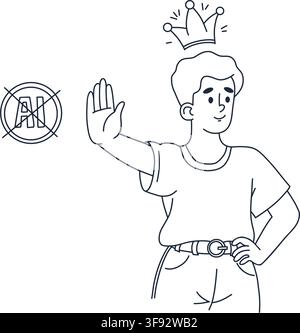 Confident Person Showing Stop Hand Gesture With Crossed AI Sign And Crown. Human Creator Intellectual Property No Artificial Intelligence. Anti AI Con Stock Vector