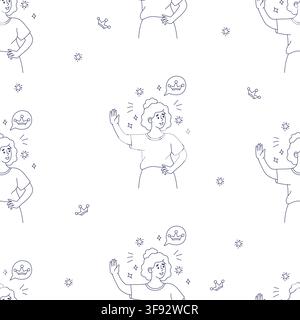 Seamless Pattern Happy Woman Waving Hand Greeting With Crown Speech Bubble on White Background with Stars Sparkle. Cute Girl VIP Status Customer Welco Stock Vector