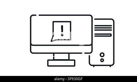 Desktop computer tower and monitor with exclamation mark box symbol on screen vector icon. Stock Vector