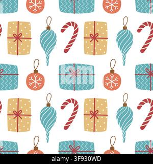 Christmas seamless pattern gift box candy cane bauble background vector template wrapping paper design Stock Vector