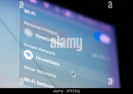 New York, USA - august 13, 2026: Wi-fi network connection on macOS computer screen close up view Stock Photo