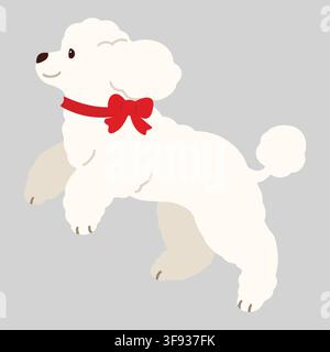 Simple and adorable jumping white colored Poodle dog illustration flat colored red ribbon Stock Vector