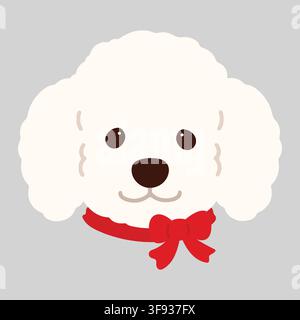 Simple and adorable white colored Poodle dog illustration front head flat colored red ribbon Stock Vector