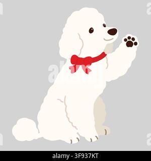 Simple and adorable white colored Poodle dog illustration waving hand flat colored red ribbon Stock Vector