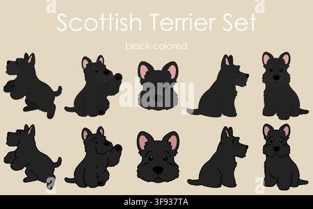Simple and adorable black Scottish Terrier illustrations set Stock Vector