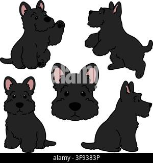 Simple and adorable black Scottish Terrier illustrations Stock Vector