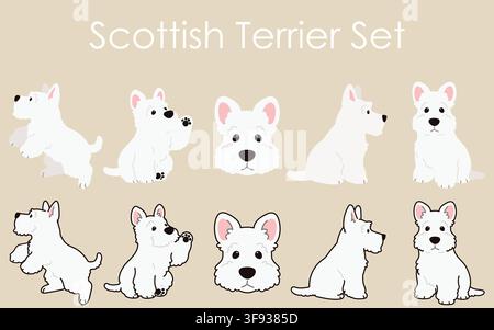 Simple and adorable white Scottish Terrier illustrations set Stock Vector