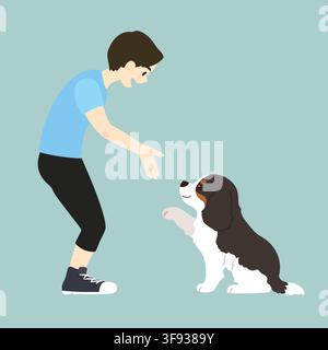 Illustration of a young man and a Cavalier King Charles Spaniel dog shaking hands Stock Vector