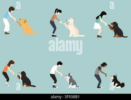 Collection of people shaking hands with cute large dogs flat colored Stock Vector