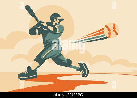 Vintage Retro Baseball Player Swinging Bat At Flying Ball In Dynamic Sports Illustration For Wallpaper Vector Background Stock Vector