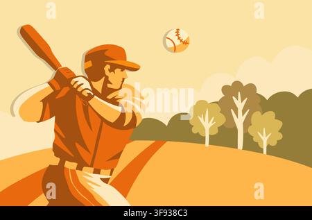 Vintage Retro Baseball Player Holding Bat With Flying Ball, Outdoor Field, Trees, And Classic Sports Background Vector Illustration Stock Vector