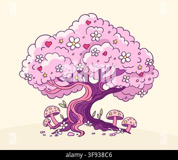 Whimsical Sakura Cherry Blossom Tree With Pink Flowers, Cute Mushrooms, Hearts, Stars, Magical Fantasy Vector Decoration Stock Vector
