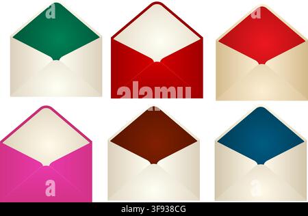 Colorful Open Envelope Vector Set Collection Featuring Festive Mail Designs For Christmas Party Invitation, Greeting And Holiday Message Stock Vector