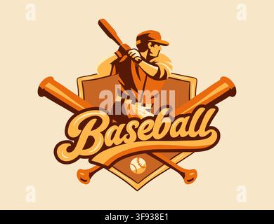 Vintage Baseball Logo Featuring Retro Player, Crossed Bats, Sports Badge, Classic Typography, And Athletic Vector Emblem Design Stock Vector