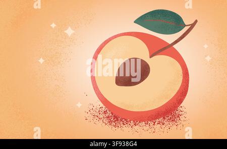 Vintage Peach Fruit Illustration With Grainy Grunge Texture, Distressed Effect, Sparkles, And Retro Wallpaper Vector Background Design Stock Vector