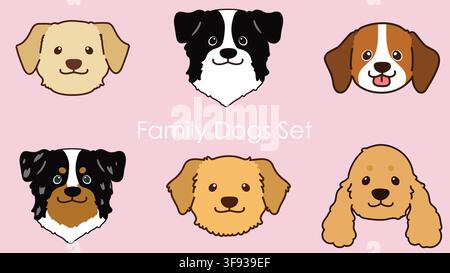 Sporting & Family Dogs front face Illustration Set Stock Vector
