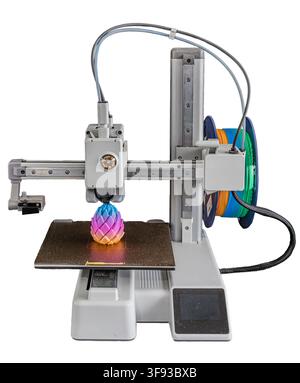 3D printer creating gradient object, vibrant colors, professional setup, smooth finish, modern technology, precision engineering, clean workspace, bri Stock Photo
