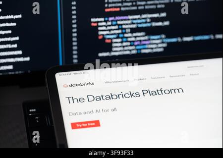 New York, USA - august 5, 2026: Databricks Ai company web page on program code background of computer close up view Stock Photo
