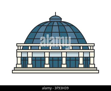 Modern glass dome building isolated on white background. Vector illustration. Contemporary architecture with circular pavilion and transparent roof. Stock Vector