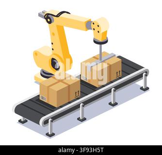 Industrial robot arm working with conveyor belt and cardboard boxes. Warehouse automation and smart manufacturing. Isometric vector illustration. Stock Vector