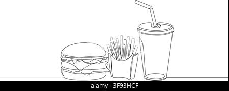 continuous line drawing of burger, french fries and soda soft drink with straw, fast food meal concept, minimal line art vector illustration Stock Vector