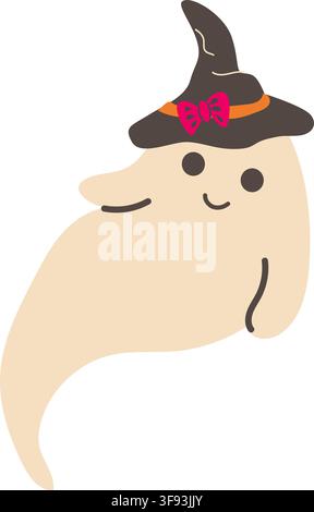 Cute Halloween ghost in witch hat with bows. Vector illustration in cartoon flat style. Stock Vector