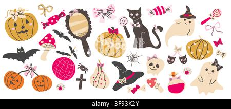 Halloween coquette elements set. Hand drawn vector illustration isolated on white. Cute halloween girly element set in cartoon flat style. Cute pumpkins with bows and knots, ghosts and black cat. Stock Vector