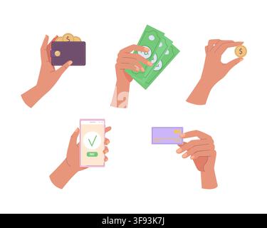 Hands holding coins, credit card, smartphone online payment, money paper and wallet with dollar bills. Financial management concept Stock Vector