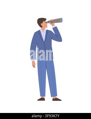 Businessman looking through telescope. Male character in suit standing front. Business concept Stock Vector