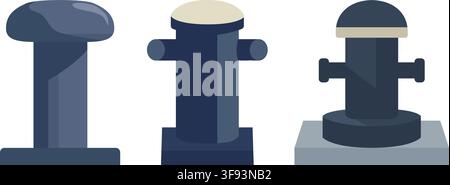 A simple illustration set showing three sturdy post shaped industrial fixtures, styled like harbor bollards or mooring posts. Stock Vector