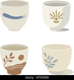 A refined illustration set featuring four ceramic cups with soft earthy colors and hand painted decorative patterns. Stock Vector