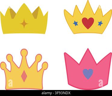 A playful illustration set featuring four stylized crown designs in bright and pastel colors. The collection includes simple royal crowns with heart. Stock Vector