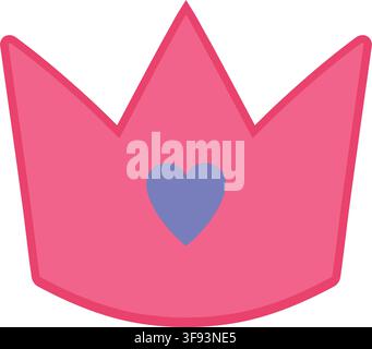Flat pink crown illustration featuring wide pointed peaks a blue heart in the center and darker pink lower shading Stock Vector