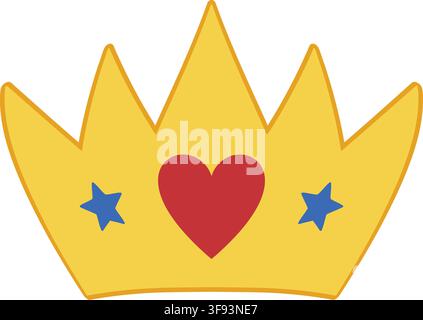 Flat golden crown illustration featuring tall pointed tips a central red heart and small blue star decorations Stock Vector